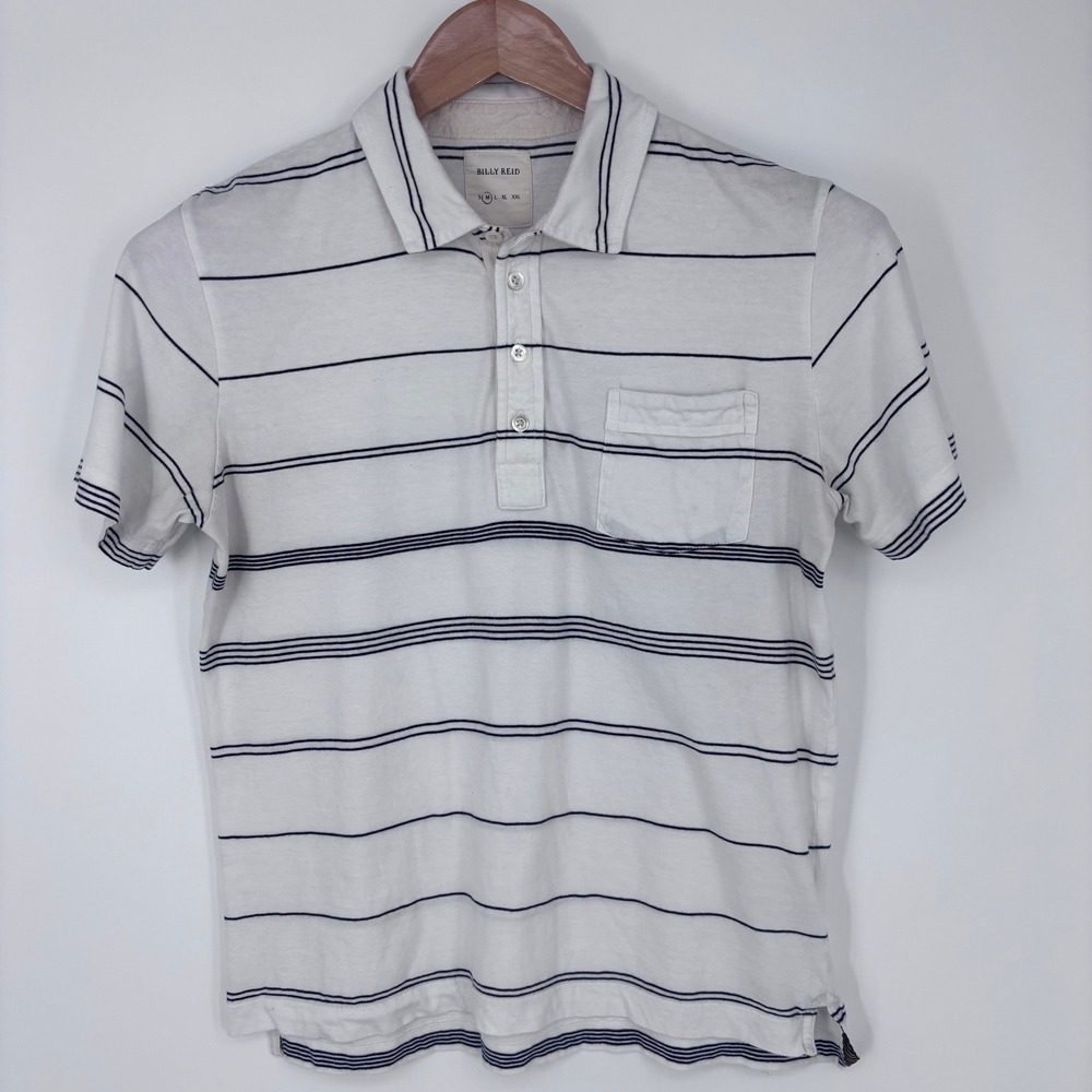 Billy Reid Polo Shirt Mens Medium White Navy Striped Cotton Pocket Cropped Fit - Picture 2 of 10